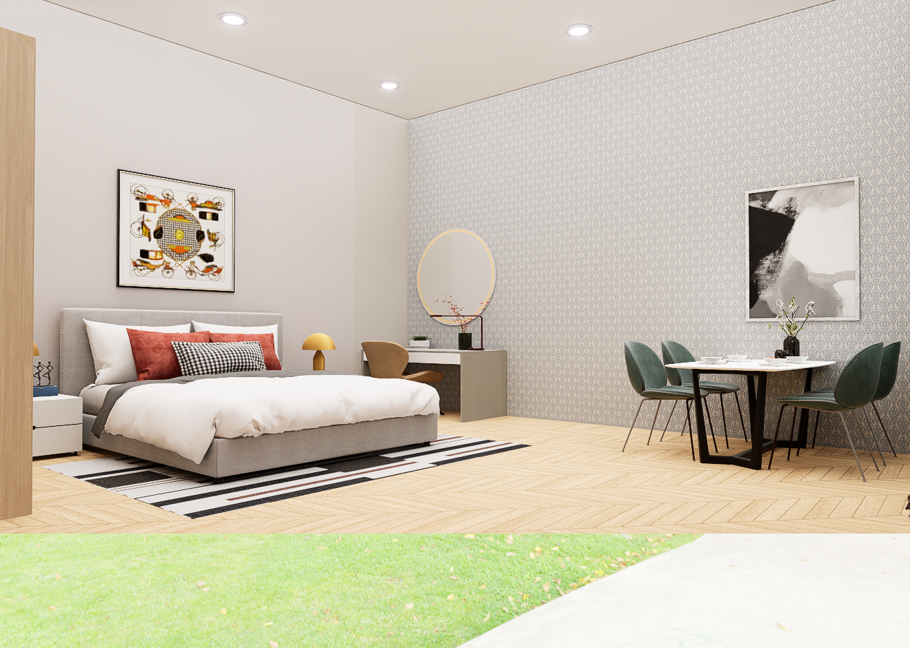 ground-floor courtyard studio bedroom desk