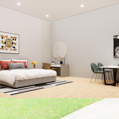 ground-floor courtyard studio bedroom desk